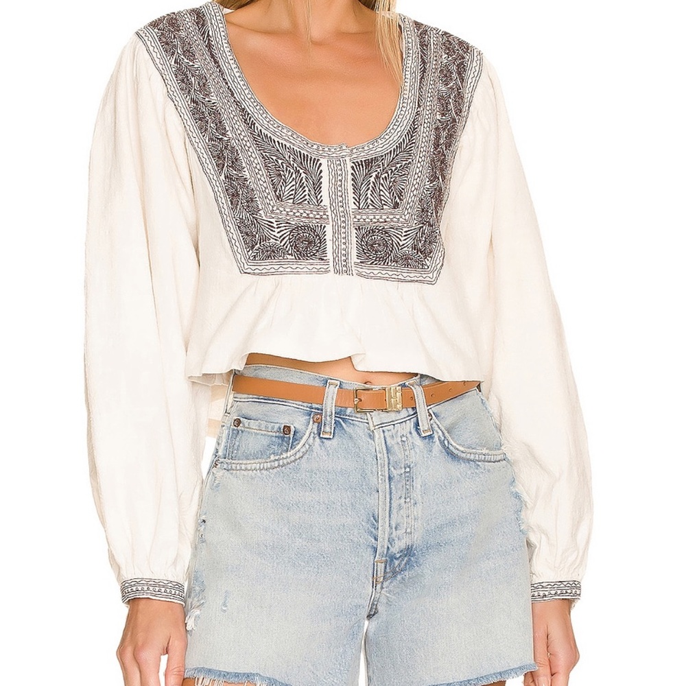 Free People White and Gray Embroidered Crop Top